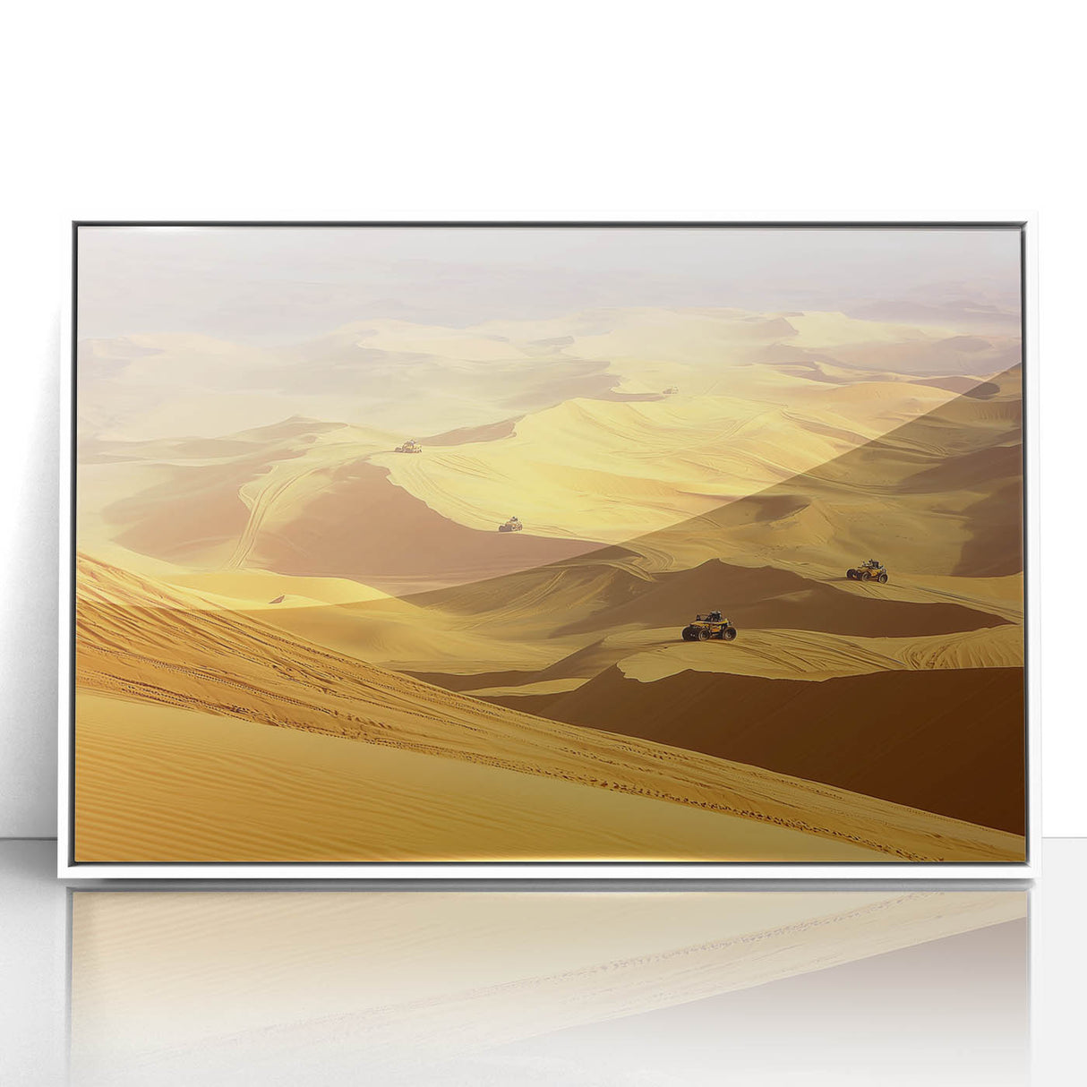 Framed acrylic artwork depicting a vibrant desert landscape with warm tones of orange and yellow, set against a white frame, perfect for modern home decor.
