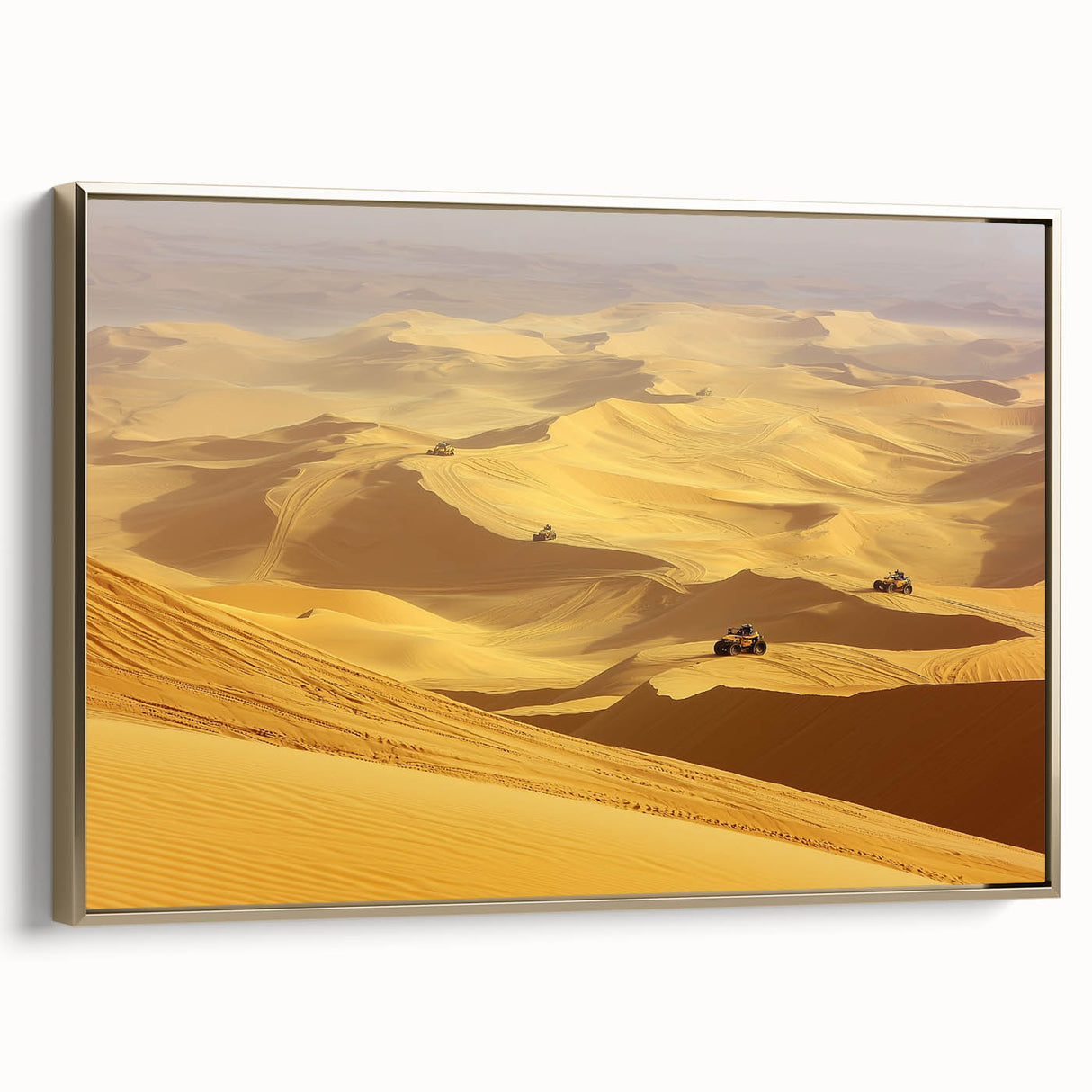 Framed canvas artwork depicting a vibrant desert landscape with golden accents, showcasing rich colors and intricate details, ideal for modern home decor.