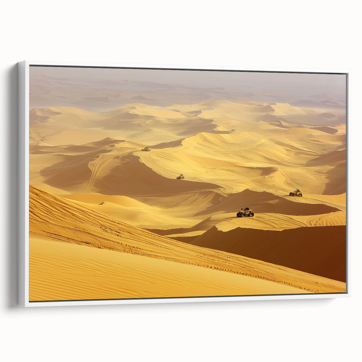 Framed canvas artwork depicting a vast desert landscape with warm golden hues and subtle textures, showcasing an elegant white frame in a side view. Ideal for home decor.
