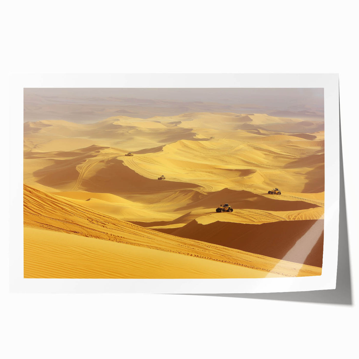 Desert landscape rolled canvas print showcasing vibrant hues of orange and yellow, highlighting sand dunes under a clear blue sky, ideal for home decor.