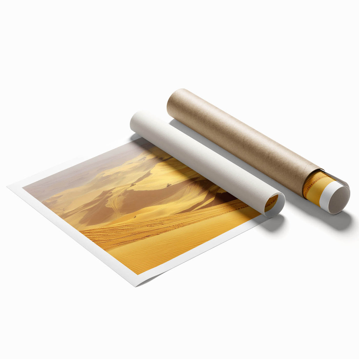 Desert landscape canvas print showcasing vibrant orange and yellow hues, rolled and ready for display, highlighting intricate details and textures. Perfect for enhancing home decor with a touch of nature-inspired art.