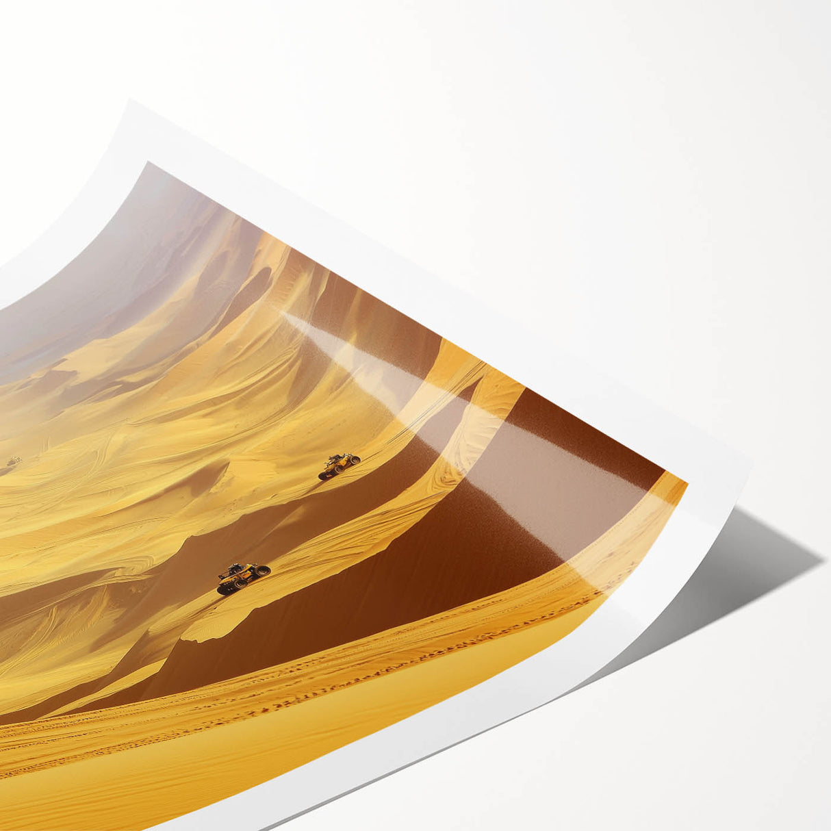 Desert landscape rolled print showcasing vibrant orange and yellow hues, beautifully capturing a sunset over sand dunes, perfect for home decor or art enthusiasts.