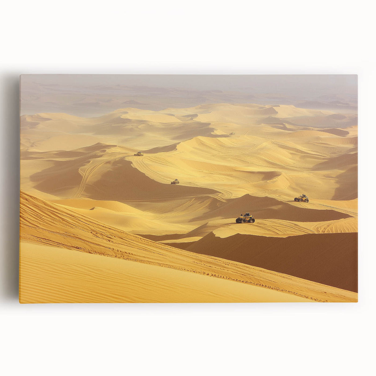 Desert landscape stretched canvas art showcasing vibrant orange and yellow hues of a sunset over sand dunes, ideal for home decor and desert-themed interiors.