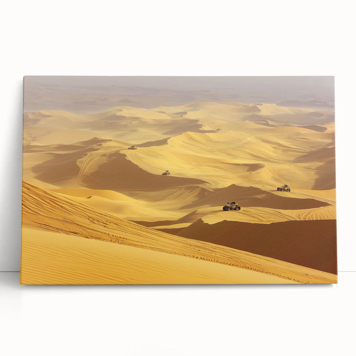 Stretched canvas artwork showcasing a vibrant desert landscape with warm hues of orange and yellow, perfect for enhancing modern home decor.
