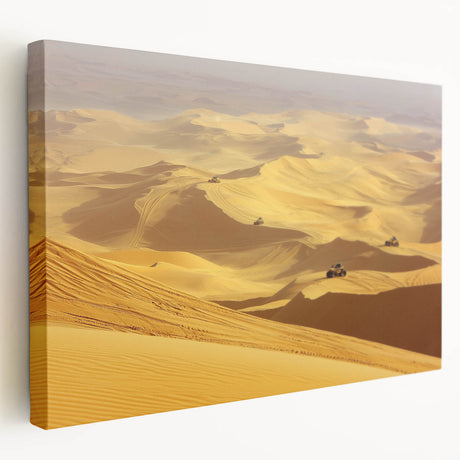 Desert landscape stretched canvas wall art in warm earth tones, showcasing a serene sunset with saguaro cacti silhouettes, perfect for home decor.