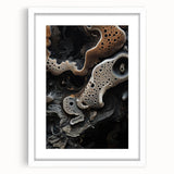 Abstract art print featuring swirling blue and gray patterns on a white framed canvas, ideal for dining room decor.