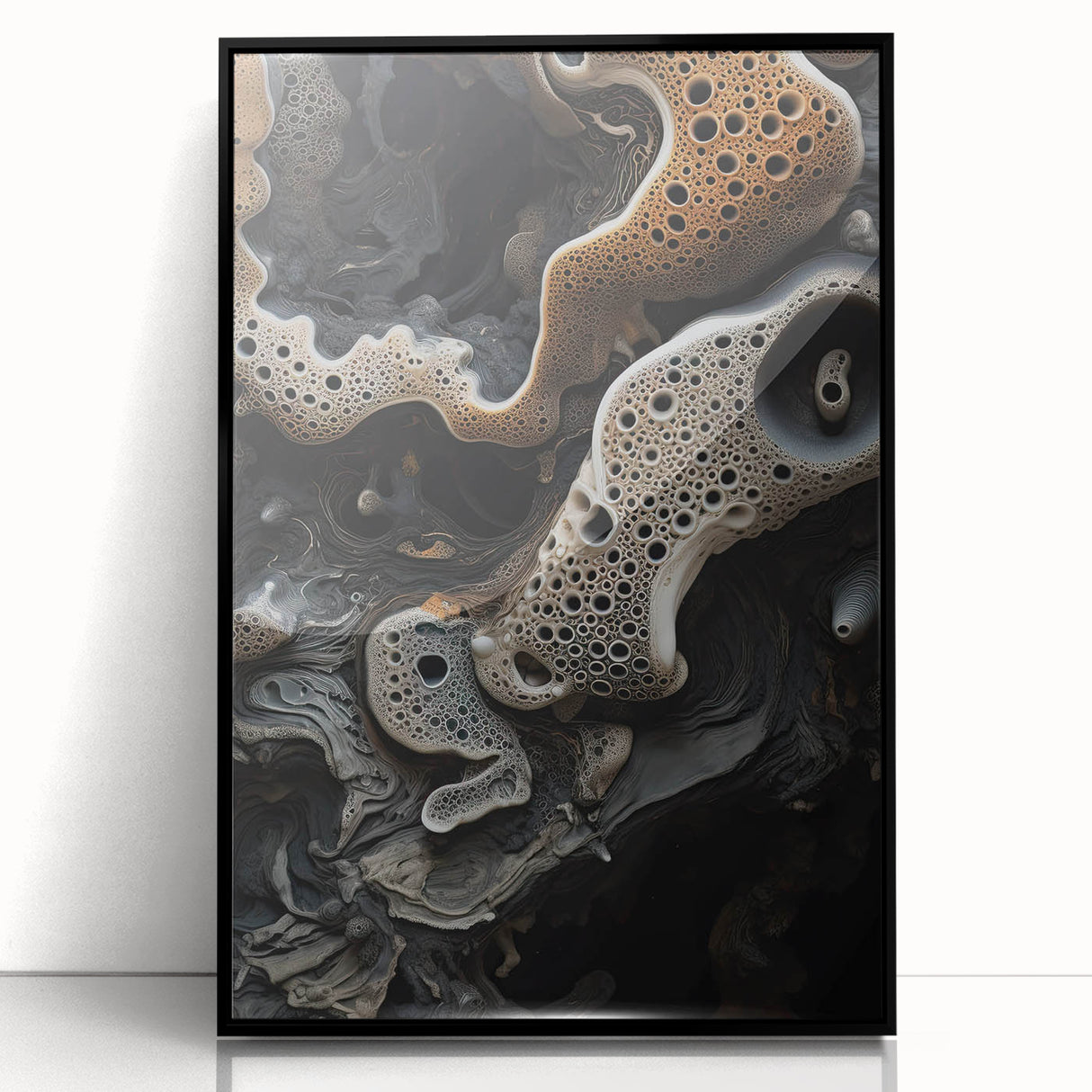 Large abstract wall art in mid-century modernist style, featuring swirls of black and gray on a framed acrylic.