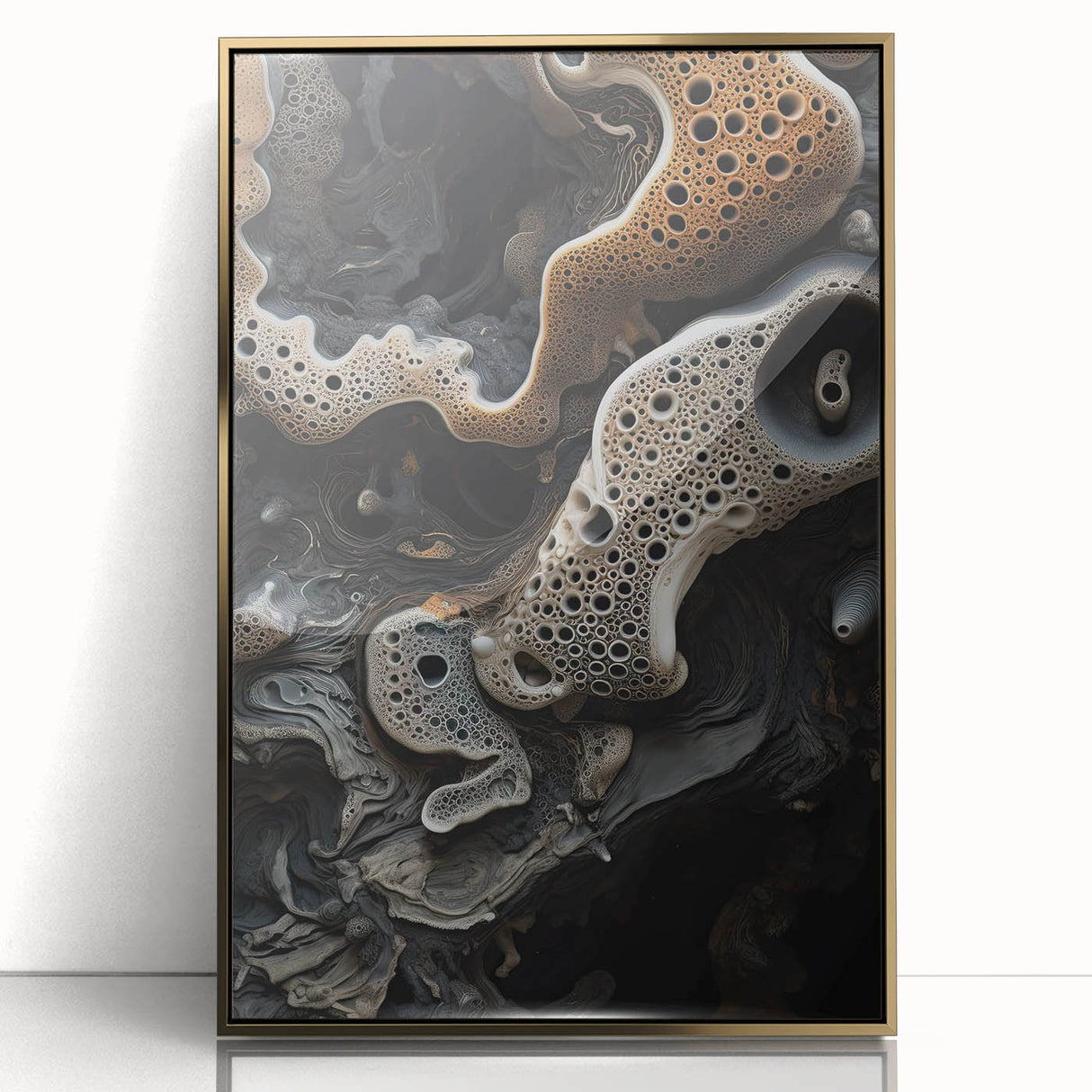 Mid-century modernist art print featuring abstract shapes in pastel colors, framed in gold acrylic.