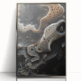 Mid-century modernist art featuring geometric shapes in muted earth tones on a framed acrylic print.