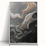 Art deco poster featuring geometric shapes in muted gold and white hues, framed acrylic, ideal for nursery wall decor.