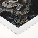 Art deco poster featuring geometric patterns in muted gold and black on rolled canvas.