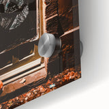 Large abstract wall art depicting fall themes in warm orange and brown tones on acrylic glass.