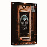 Large abstract wall art on acrylic glass featuring swirling autumn hues, ideal for dining room decor.