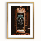 Extra large abstract art print depicting textured fall foliage in gold frame, ideal for living room ambiance.