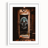 Abstract art print featuring warm autumn hues on a white framed canvas, ideal for dining room decor.