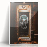 Art deco poster featuring a stylized autumnal scene with warm orange and brown hues on a white acrylic framed print.