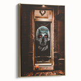 Framed canvas featuring a vintage poster-style landscape painting with fall foliage in gold and black tones.