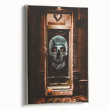 Framed canvas depicting a vintage-style landscape with autumnal trees in vibrant colors on a black background.