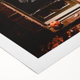 Art deco poster featuring autumnal trees in vibrant orange and yellow on rolled canvas, suitable for dining room decor.