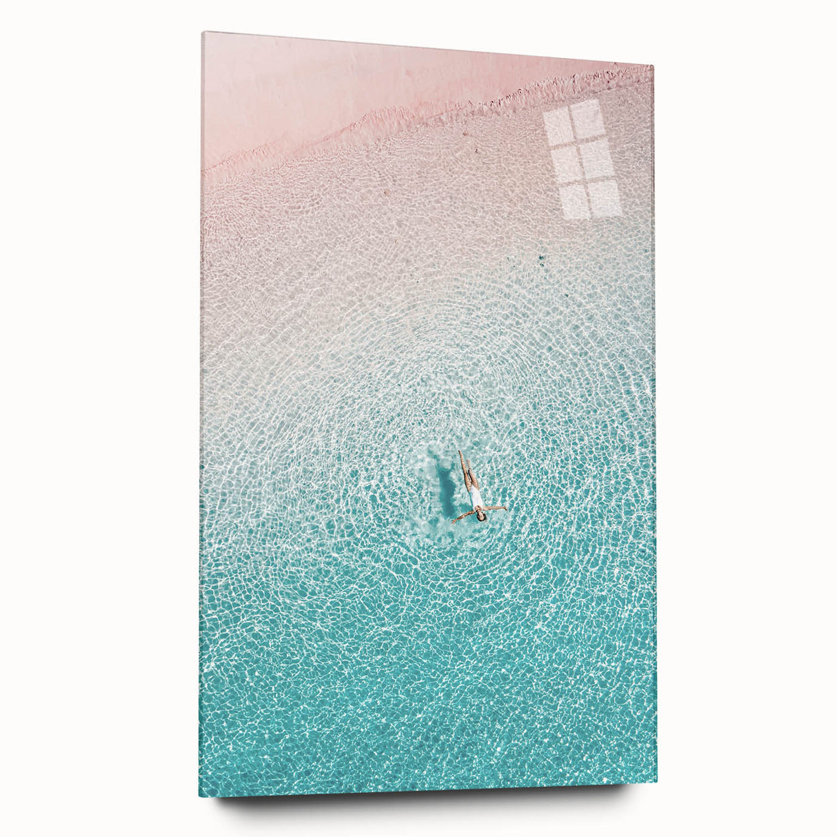 Large abstract wall art on acrylic glass featuring swirling blue and white patterns.
