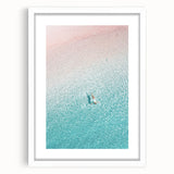 Abstract art print featuring swirling blue and white patterns on a framed canvas, suitable for bedroom or dining room decor.