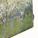 Large abstract wall art print on acrylic glass, featuring swirling blue and yellow hues in a mid-century modernist style.