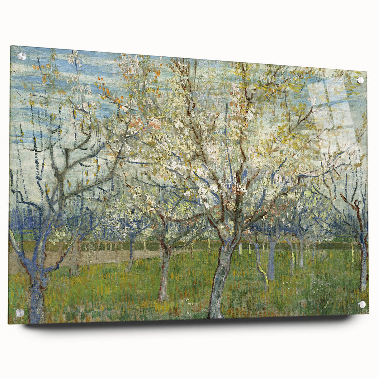 Large abstract wall art on acrylic glass depicting vibrant swirls in blue and yellow, ideal for dining room decor.