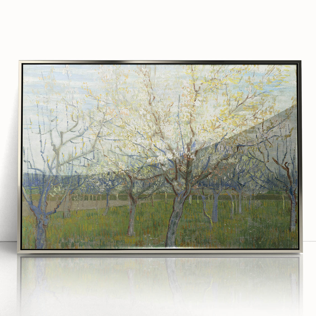 Large acrylic print of a Van Gogh-inspired painting in pastel shades, framed in silver, suitable for modern art wall decor.