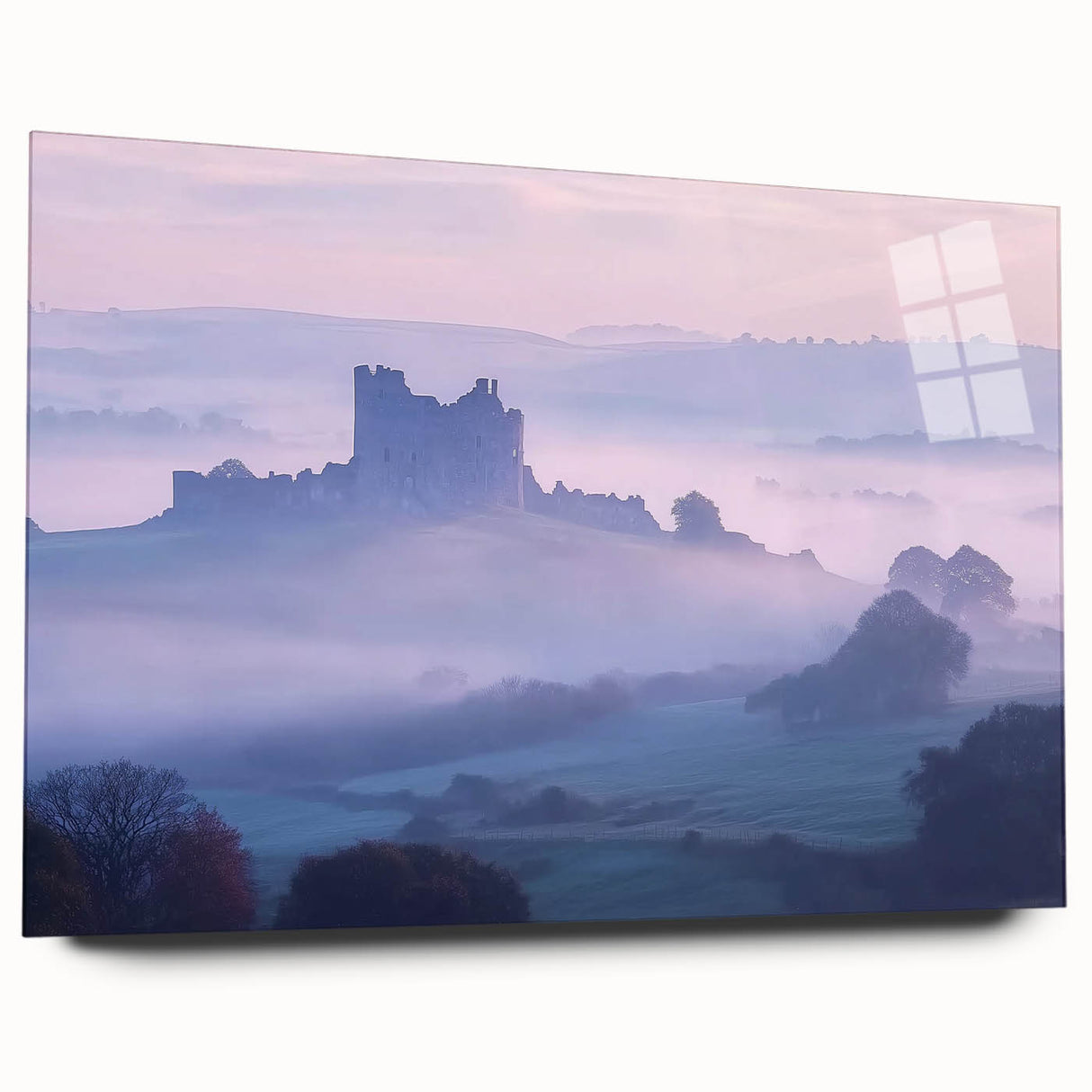 Acrylic glass artwork depicting a stunning landscape with a castle set against a vibrant sunset, showcasing rich colors and intricate detailing, perfect for home decor.