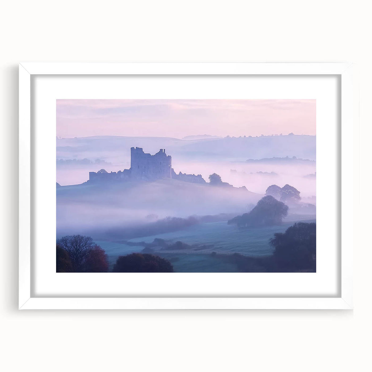 Front view of a white-framed landscape artwork featuring a majestic castle surrounded by lush greenery, perfect for home decor or office ambiance.