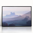 Framed acrylic artwork showcasing a detailed landscape of a majestic castle, presented in a sleek black frame, ideal for home decor and interior design enthusiasts.
