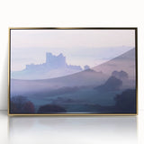 Framed acrylic artwork depicting a majestic castle landscape, featuring intricate details and a gold frame, ideal for enhancing home decor.