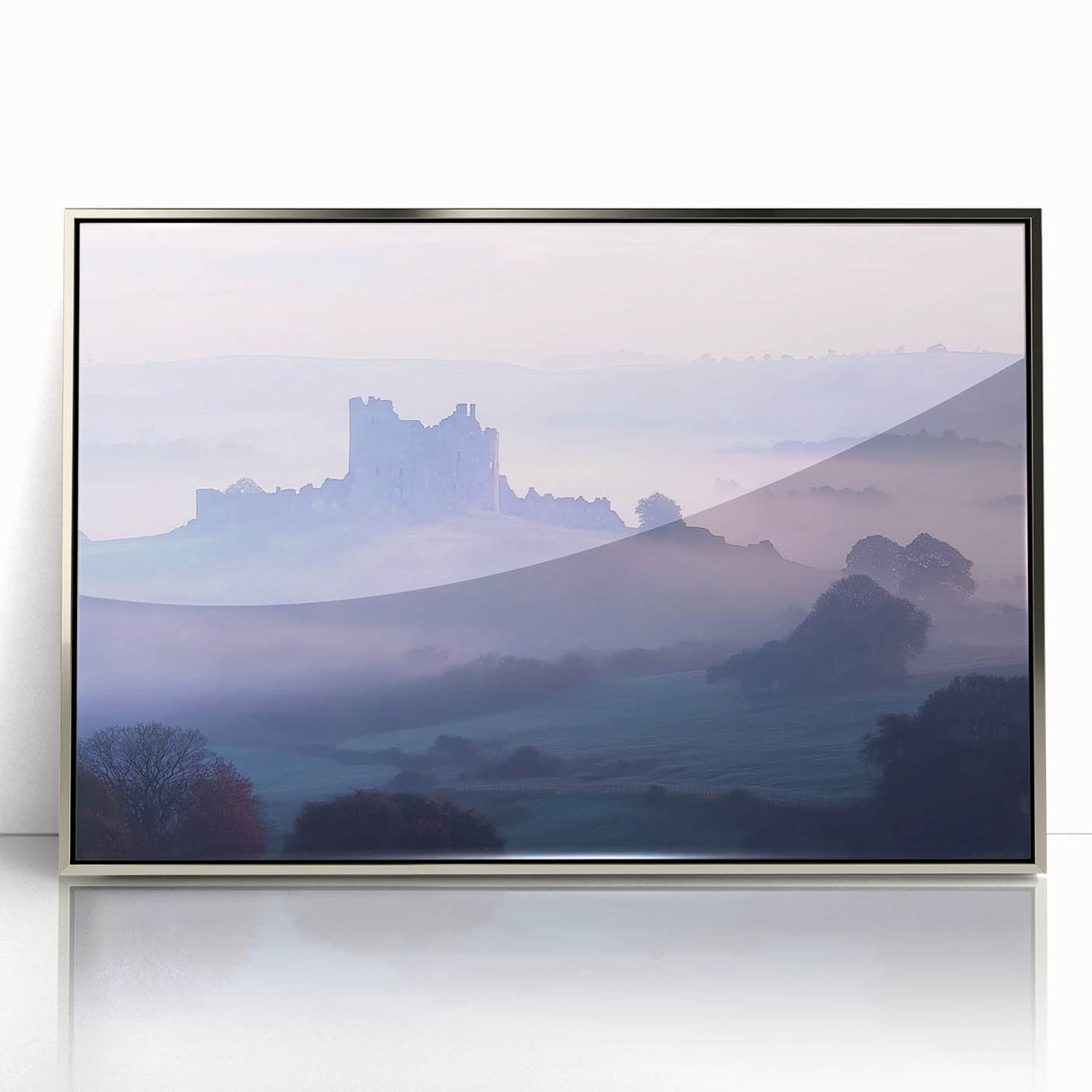 Framed acrylic artwork showcasing a stunning landscape with a castle, featuring intricate details and a silver frame, perfect for home decor and wall aesthetics.