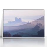 Framed acrylic artwork depicting a serene landscape with a majestic castle, set against a vibrant sky, perfect for home decor enthusiasts seeking elegant wall art.