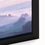 Close-up of a beautifully framed canvas depicting a serene landscape with a majestic castle, featuring vibrant colors and intricate details, ideal for home decor.