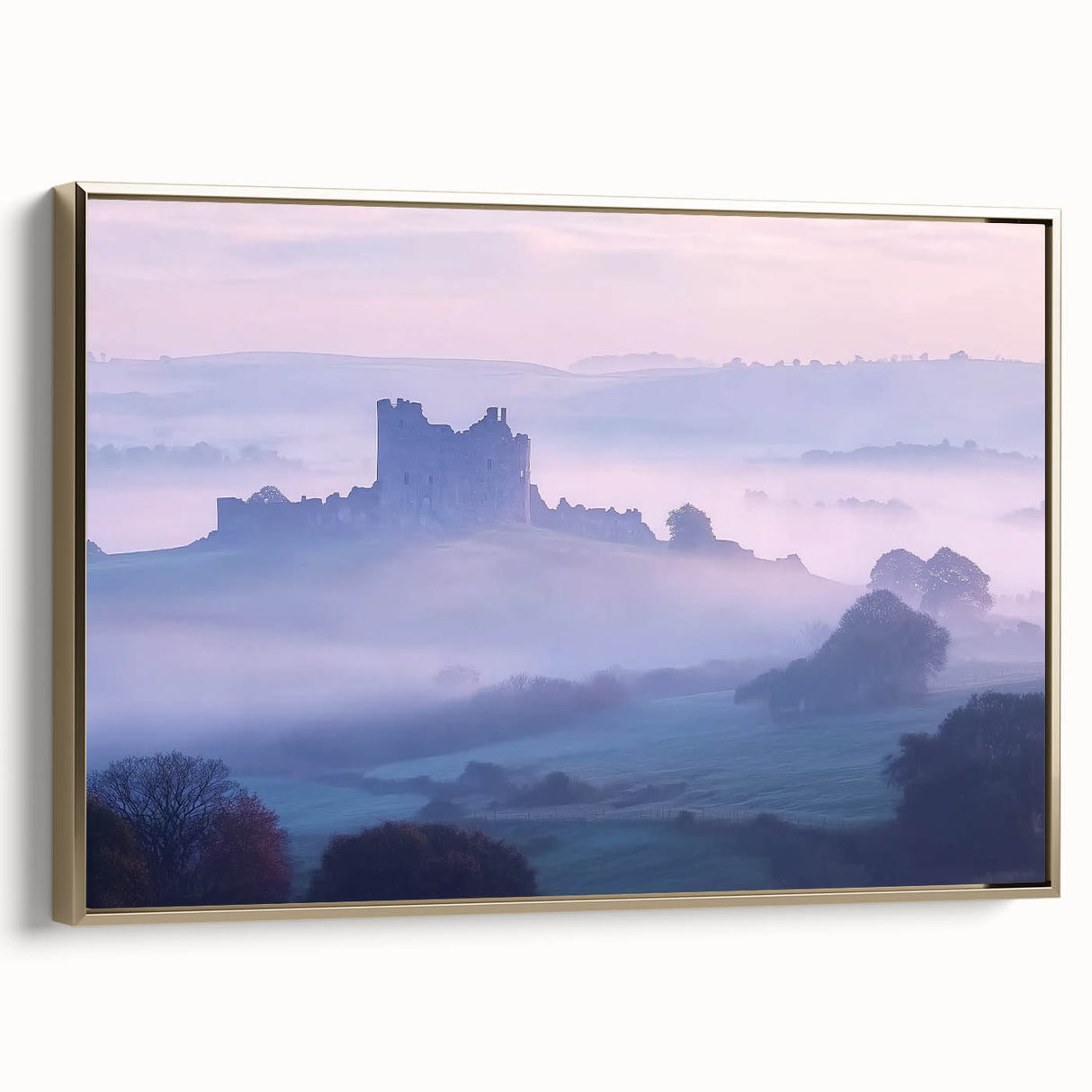 Framed canvas artwork showcasing a majestic landscape with a castle, featuring a gold frame that enhances its elegance. Perfect for home decor and art enthusiasts.