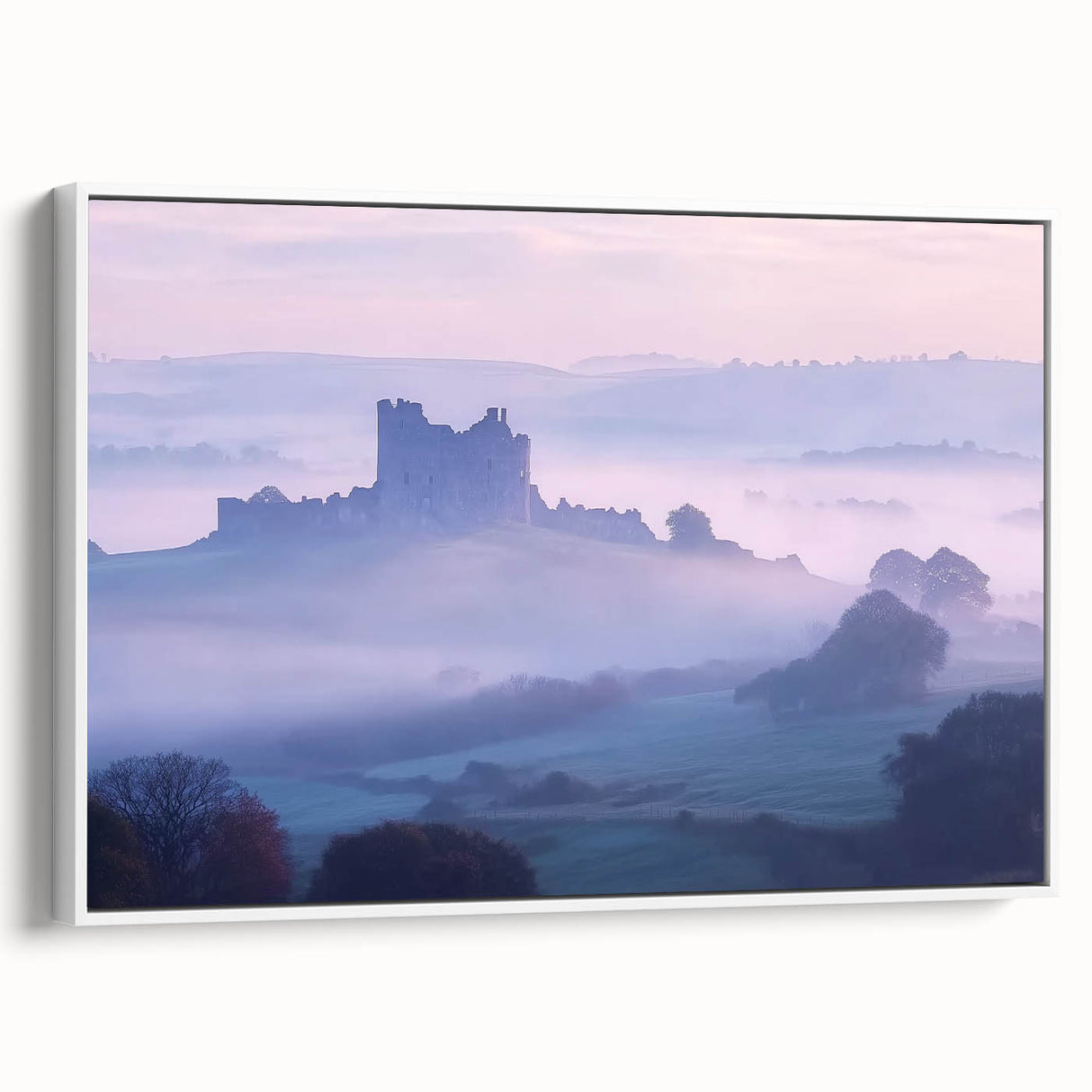 Framed canvas artwork depicting a picturesque landscape with a castle, showcasing vibrant colors and intricate details, set against a white background for a modern touch.