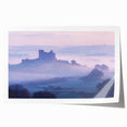Majestic landscape featuring a detailed castle illustration on rolled canvas, showcasing vibrant colors and intricate designs, perfect for home decor.