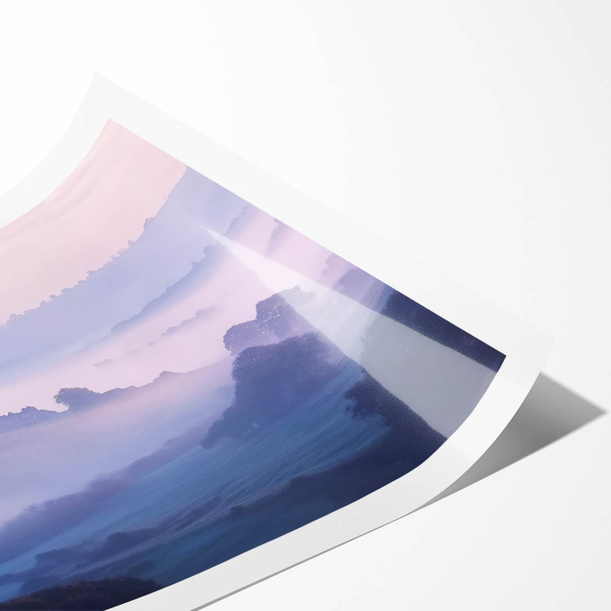 Rolled print showcasing a picturesque landscape of a medieval castle surrounded by vibrant greenery and clear blue skies, ideal for home decor or art enthusiasts.