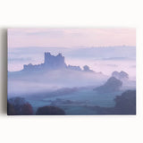Stretched canvas artwork showcasing a vibrant, serene landscape with a majestic castle set against a backdrop of rolling hills and a clear blue sky, perfect for enhancing home decor.