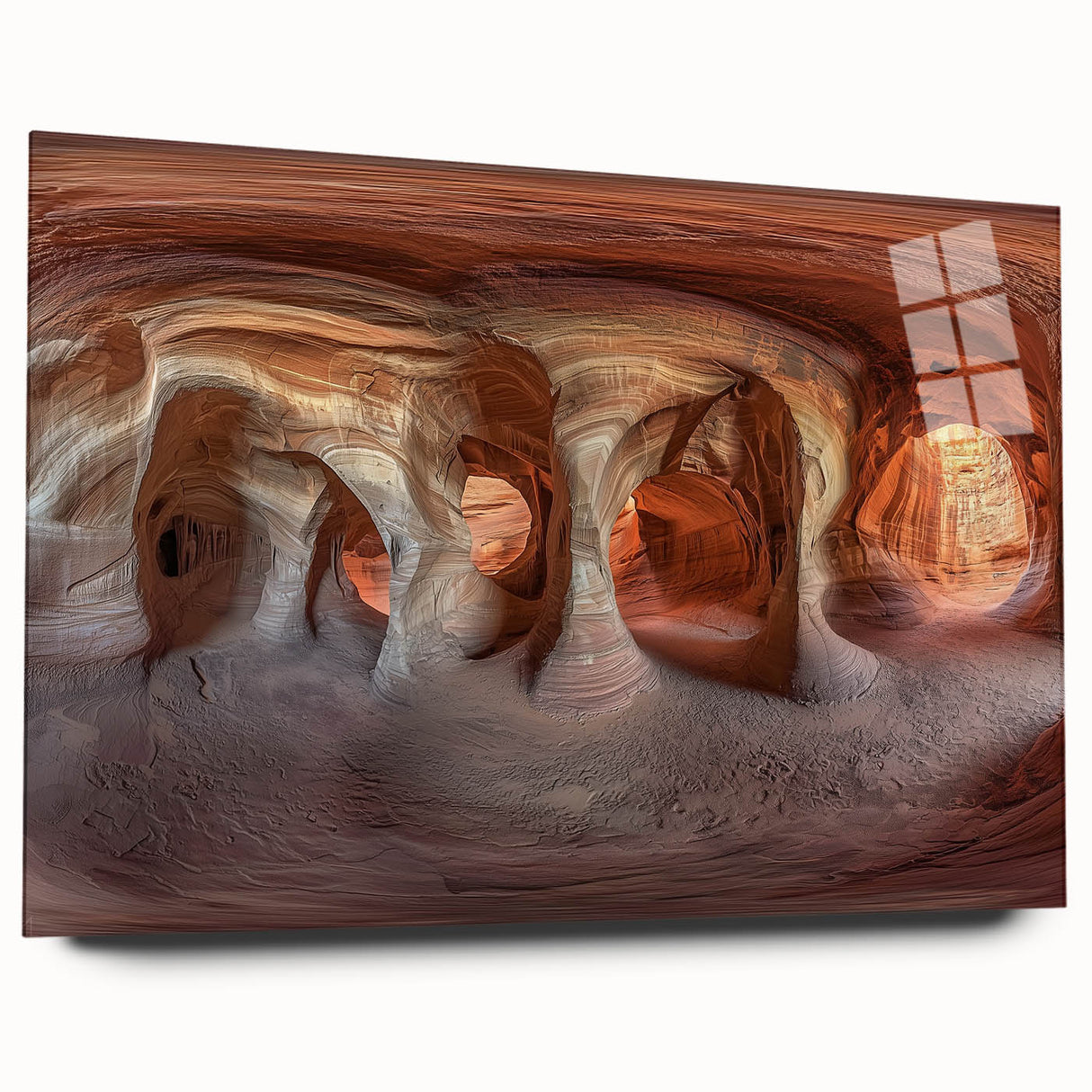 Acrylic glass artwork showcasing a captivating cave landscape design in vibrant hues, presented from a side view without pins, perfect for modern home decor.