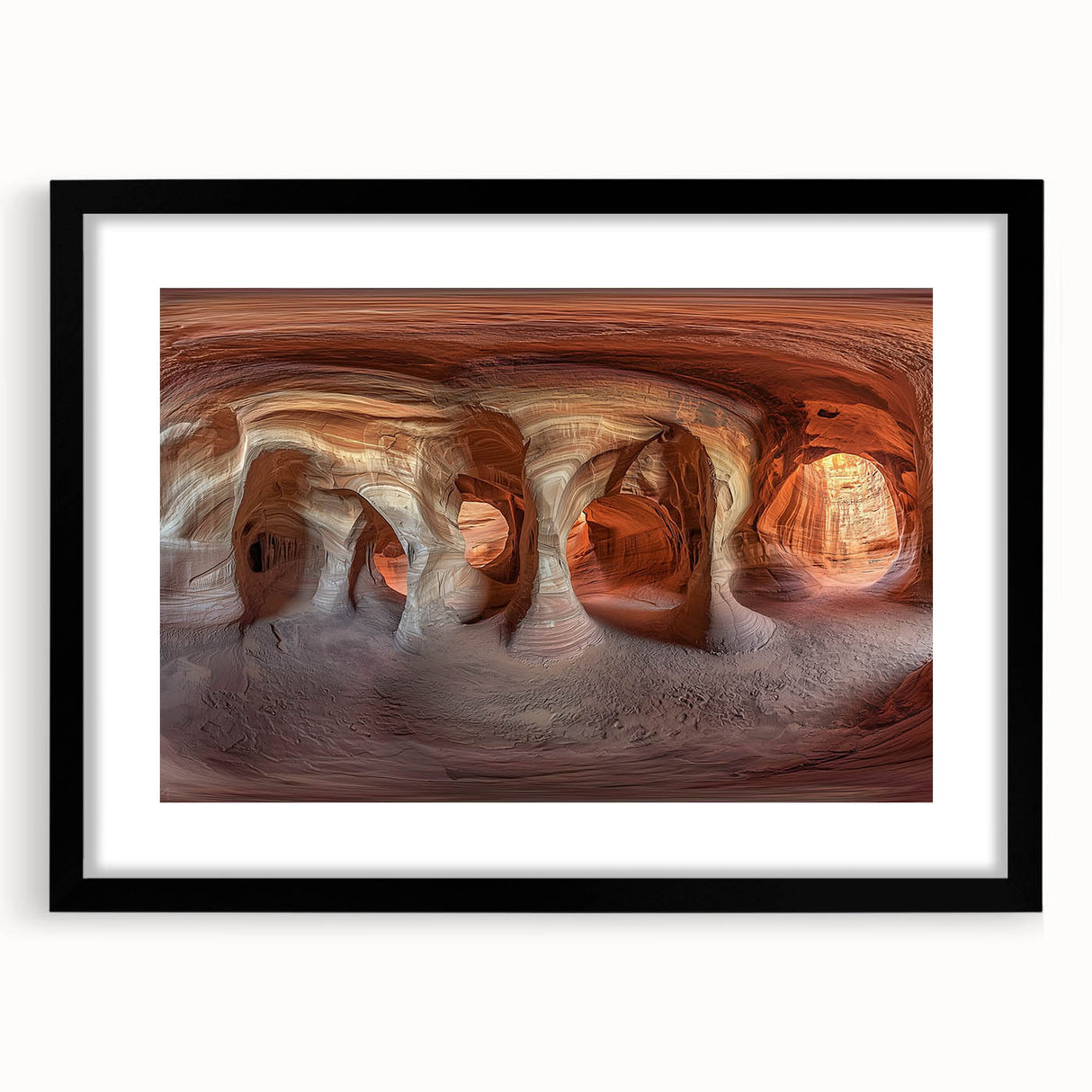 Framed landscape artwork depicting a serene cave scene, featuring a black mat border and sleek black frame, ideal for enhancing home decor aesthetics.