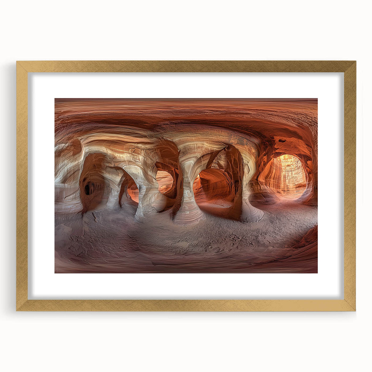 Elegant gold-framed landscape artwork featuring intricate cave designs, showcasing stunning colors and textures, ideal for enhancing home decor.