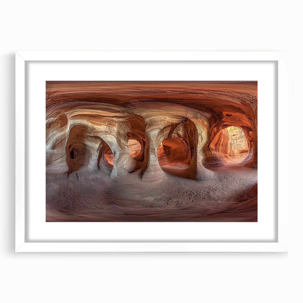 Framed landscape artwork featuring a serene cave scene, adorned with a white mat for an elegant presentation, ideal for home or office decor. The image highlights the intricate details of the natural formations and vibrant colors, creating a calming atmosphere.