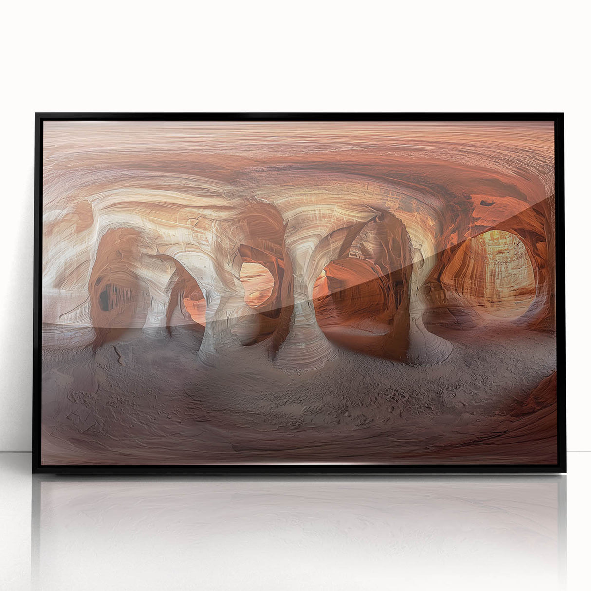 Framed acrylic artwork showcasing a stunning black and white landscape of caves, featuring intricate details and a modern aesthetic, perfect for home decor.