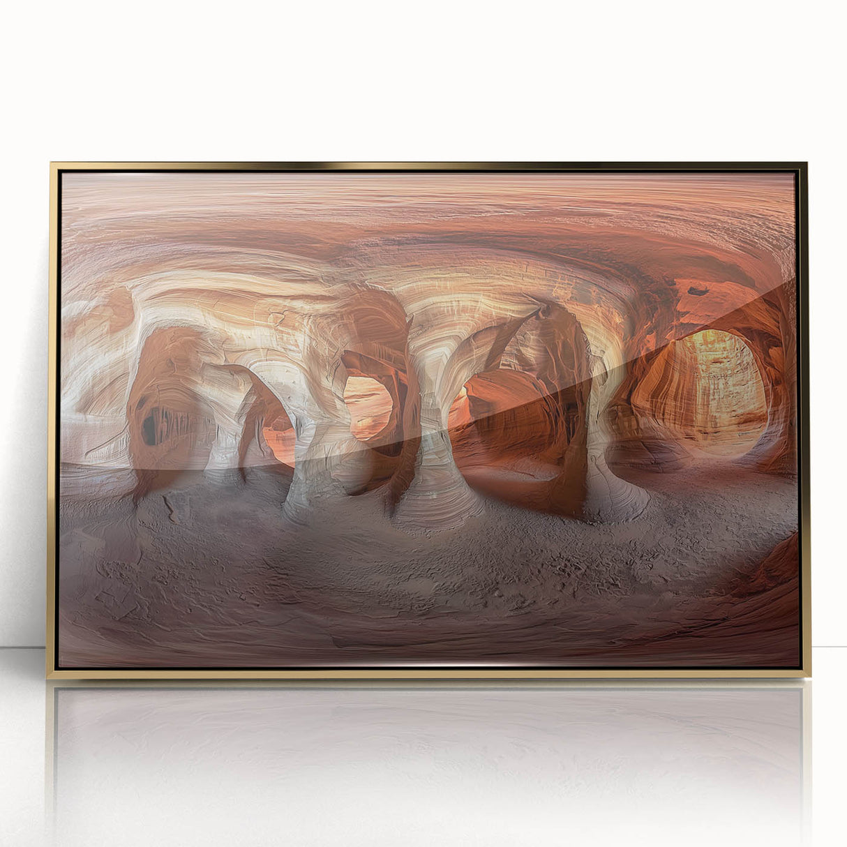 Framed acrylic artwork depicting a stunning landscape with caves, featuring a gold border that enhances its elegance. Perfect for modern home decor.