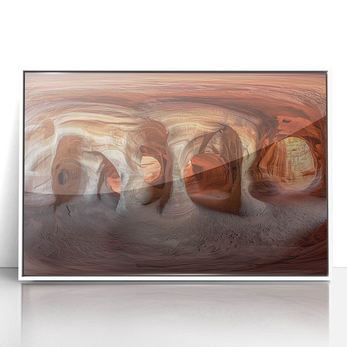 Framed acrylic landscape artwork showcasing a serene cave scene, featuring earthy tones and intricate details, perfect for home decor or office ambiance.