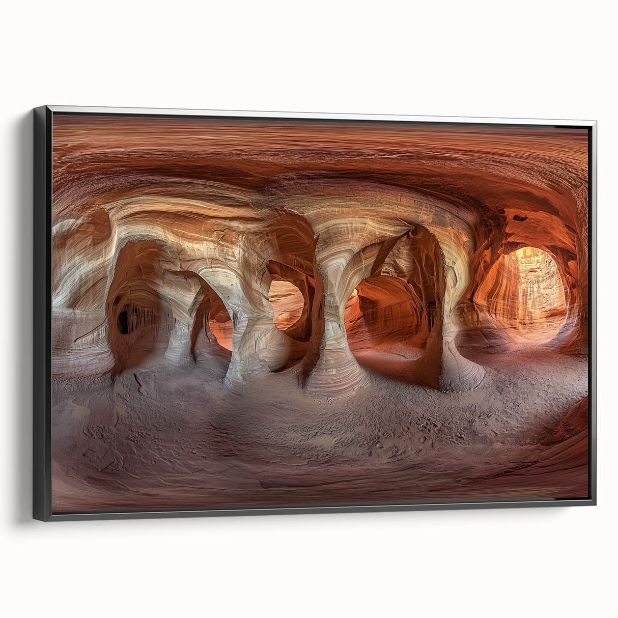 Framed canvas art depicting a serene landscape scene with caves, featuring a black side view, perfect for enhancing modern home decor with natural elements.