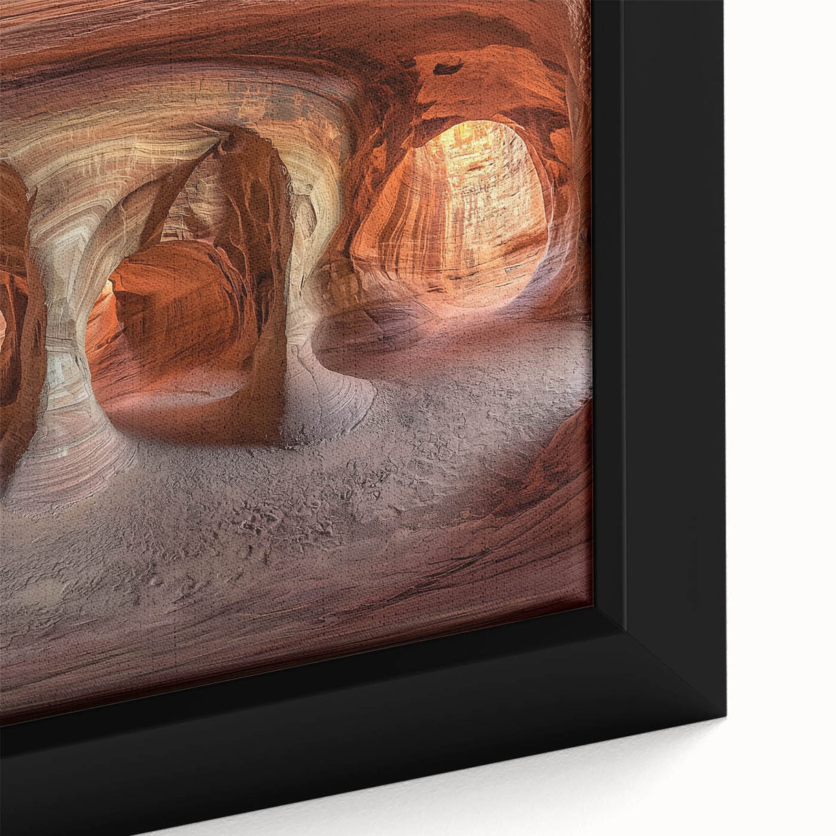 Framed canvas artwork showcasing a close-up of intricate cave landscapes, featuring earthy tones and detailed textures, perfect for nature-inspired decor.