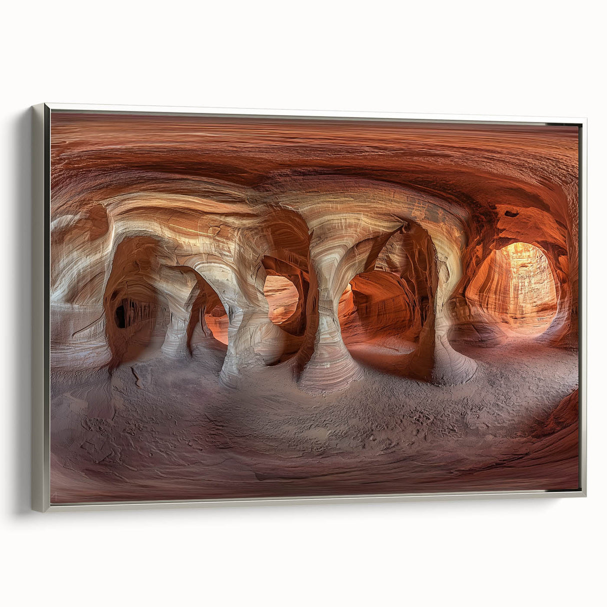 Framed canvas artwork showcasing a stunning cave landscape with silver accents, capturing intricate natural details and textures, ideal for home decor.